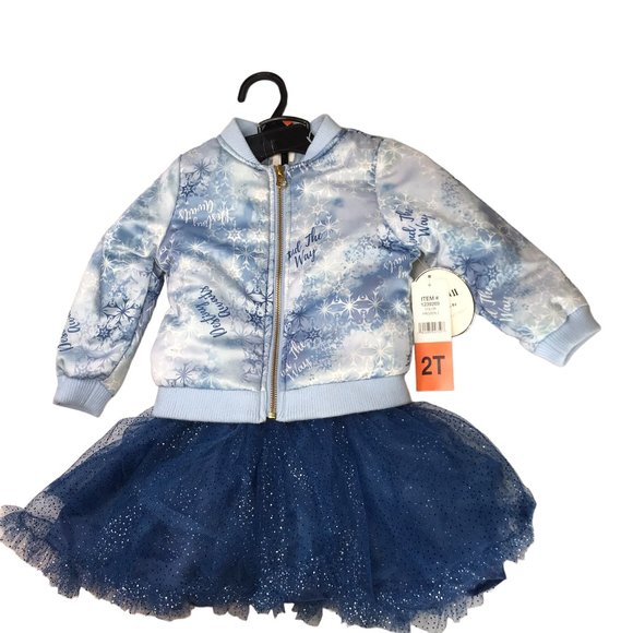 New NWT Disney Frozen Outfit Set Blue Coat Jacket + Tutu Skirt Silver Glitter 2T - Picture 1 of 12